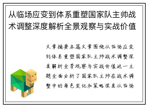从临场应变到体系重塑国家队主帅战术调整深度解析全景观察与实战价值